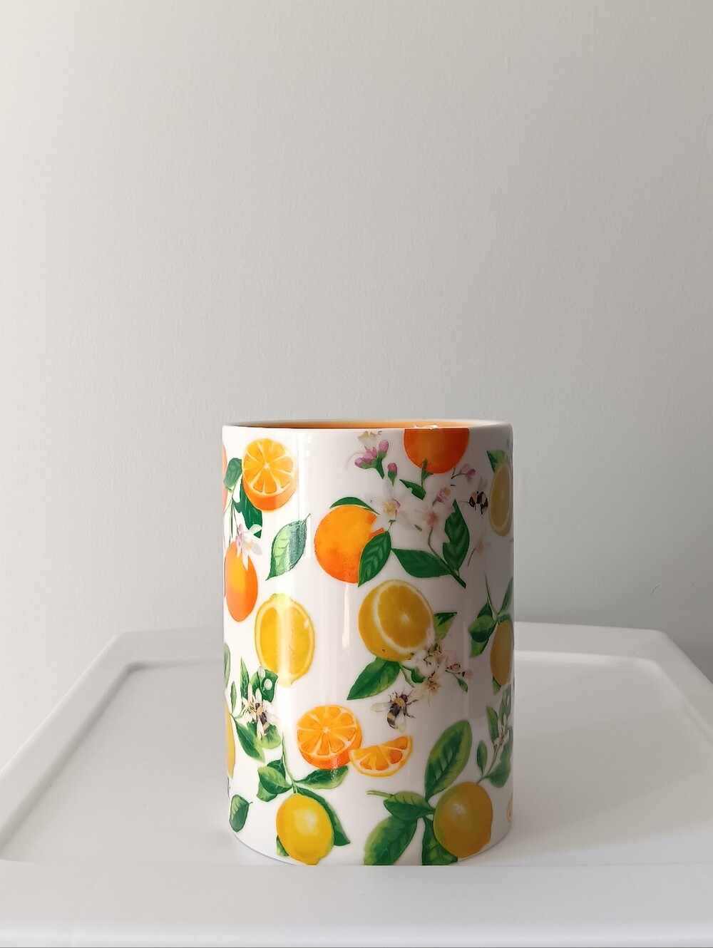 Citrus Fruit Lemon & Orange Ceramic Vase 6" Yellow White Kitchen Counter Decor